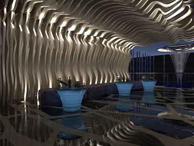 Modern Bar Interior With Wavy Wall Design Soft Lighting And Blue Bar Stools 3d model