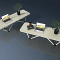 Light Colored Tables With Open Laptops Green Plants Black Cup And Book 3d model