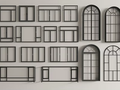 Casement Windows Various Modern Designs With Black Frames And Glass Panels 3d model