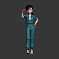 Woman wearing blue overalls and orange gloves gesturing with right hand standing on gray surface