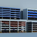 Modern Multi Story Parking Garage With Blue Metal Frames And Red Structural Elements 3d model