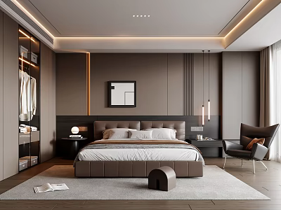 Modern Bedroom Interior Design With Brown Leather Headboard White Bedding And Wall Art 3d model