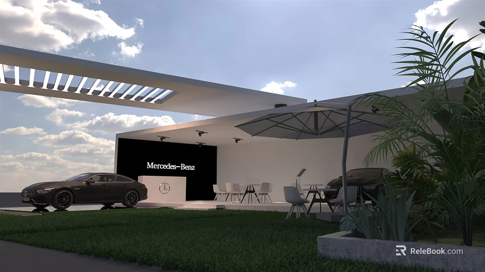 Mercedes-Benz Outdoor Car Display Area With Modern Architecture And Lawn Furniture 3d model 