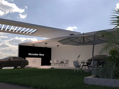 Mercedes-Benz Outdoor Car Display Area With Modern Architecture And Lawn Furniture 3d model