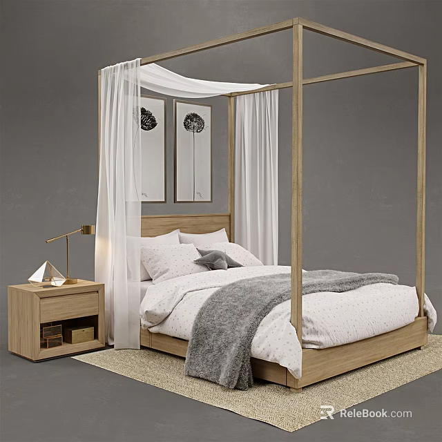 Wooden Four Poster Double Bed With White Sheets Gray Blanket White Curtains And Wooden Nightstand 3d model 