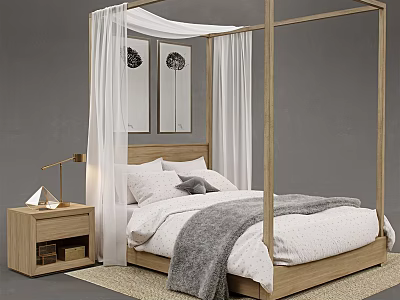 Wooden Four Poster Double Bed With White Sheets Gray Blanket White Curtains And Wooden Nightstand 3d model