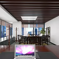 Contemporary Office Interior Featuring Dark Wooden Bookshelves Ceiling Panels Gray Marble Floor And Decorative Elements
