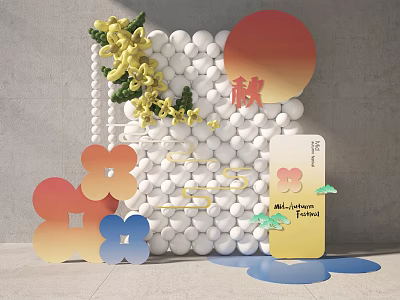 Happiness Themed Decorative Scene With White Ball Wall Yellow Flowers All Happiness Text And Butterflies 3d model