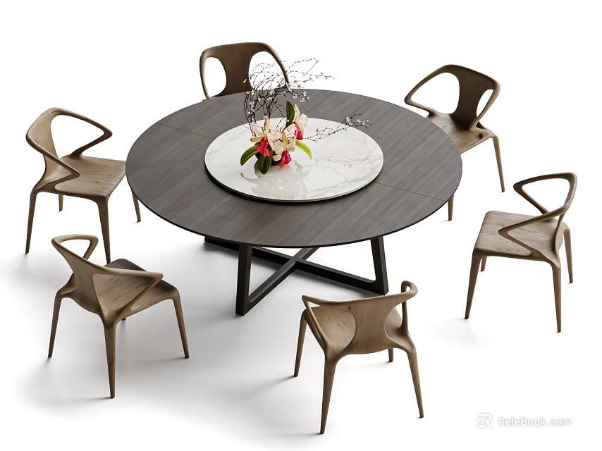 Modern Round Dining Table and Six Brown Sleek Curved Backrest Chairs with White Tray Flowers 3d model 