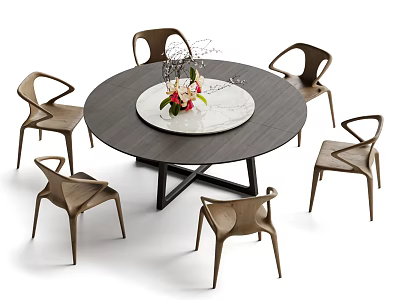 Modern Round Dining Table and Six Brown Sleek Curved Backrest Chairs with White Tray Flowers 3d model