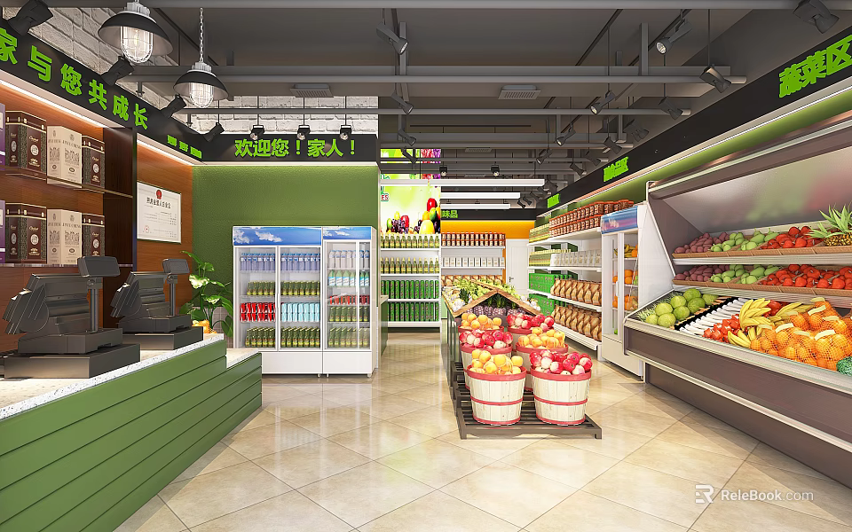 Bright Neat Supermarket Interior With Fruit Vegetable Display Shelves Beverage Coolers And Checkout Counter 3d model 