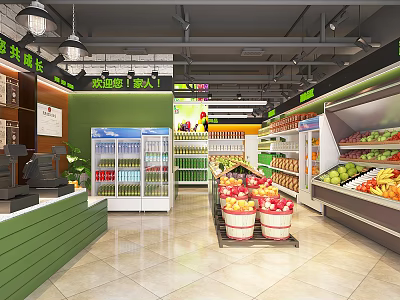 Bright Neat Supermarket Interior With Fruit Vegetable Display Shelves Beverage Coolers And Checkout Counter 3d model