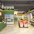 Bright Neat Supermarket Interior With Fruit Vegetable Display Shelves Beverage Coolers And Checkout Counter