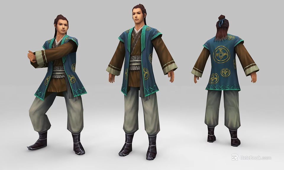 Ancient Style Character Model Wearing Traditional Green Brown Costume With Back Patterns 3d model 