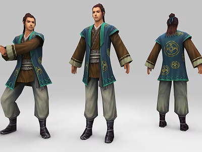 Ancient Style Character Model Wearing Traditional Green Brown Costume With Back Patterns 3d model