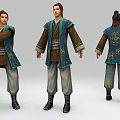 Ancient Style Character Model Wearing Traditional Green Brown Costume With Back Patterns 3d model