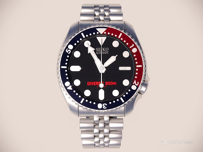 Seiko Stylish Dive Watch with Black Dial Red and Blue Bezel and Silver Metal Bracelet 3d model 