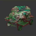 Old Wooden Cart Loaded With White And Teal Worn Fabrics On Dark Background