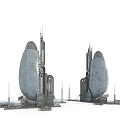 Cartoon Scene Featuring Two Large Oval Buildings With Metal Structures Antennas And Support Structures 3d model