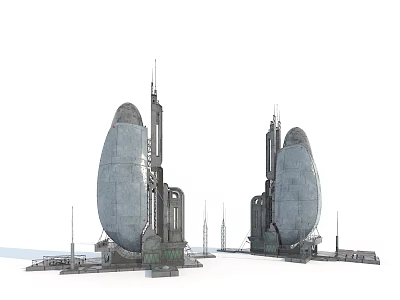 Cartoon Scene Featuring Two Large Oval Buildings With Metal Structures Antennas And Support Structures 3d model