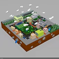 3D Miniature City Model Featuring Urban Scene Small Buildings Green Areas Roads Trees And Clouds
