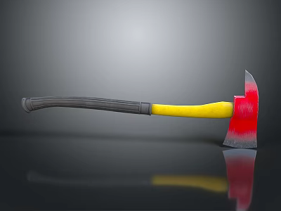 Axe With Red Head And Yellow Gray Handle On Gray Background With Reflection 3d model