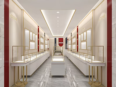 Jewelry Store Interior Design With Glass Display Cases Golden Accents Central Showcase And Ceiling Lights 3d model