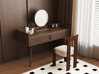 Antique Dressing Table Solid Wood Dressing Table Makeup Mirror Antique Chair Cosmetic Curtain Carpet 3d model