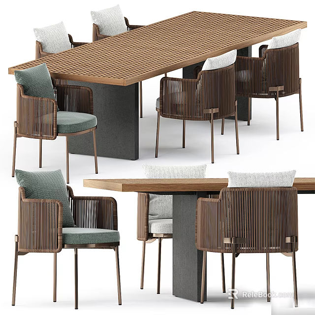 Modern Wooden Dining Table And Chair Set With Woven Backrest And Comfortable Cushions 3d model 