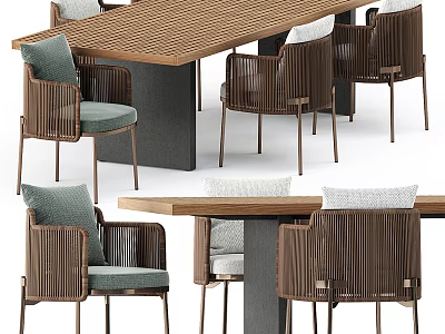 Modern Wooden Dining Table And Chair Set With Woven Backrest And Comfortable Cushions 3d model