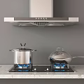 Contemporary Kitchen Gas Stove With Range Hood And Cooking Pots On Countertop
