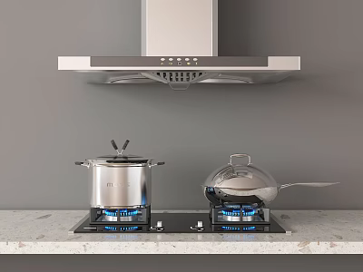 Contemporary Kitchen Gas Stove With Range Hood And Cooking Pots On Countertop 3d model