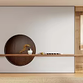 Minimalist Entryway Interior Design With Circular Wood Decor Long Console Table And Decorative Items