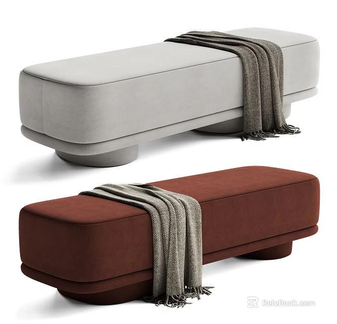 Light Gray And Brown Upholstered Ottomans With Gray Blanket Draped Over 3d model 