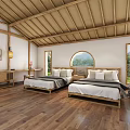 Traditional Style Hotel Guest Room With Bamboo Roof Wooden Floors Walls And Mountain View Decor