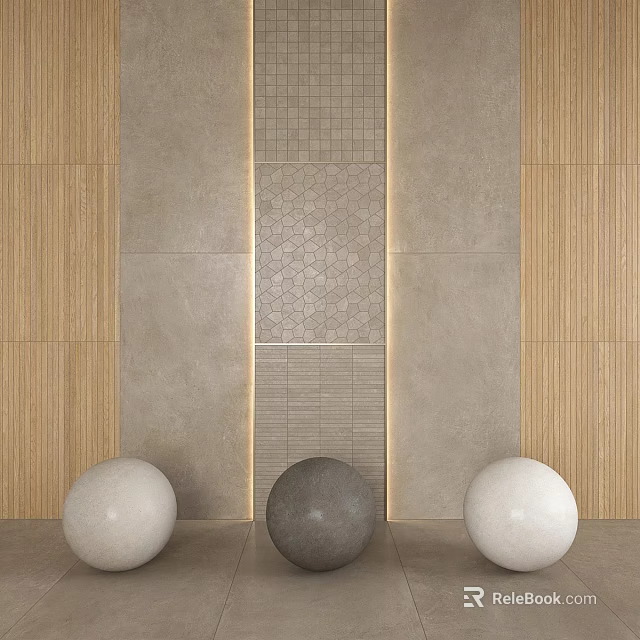 Modern Wall Components With Wooden Panels Stone Tiles Decorative Hexagonal Pattern And Spheres 3d model 