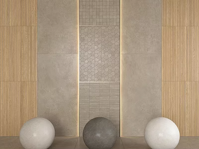 Modern Wall Components With Wooden Panels Stone Tiles Decorative Hexagonal Pattern And Spheres 3d model