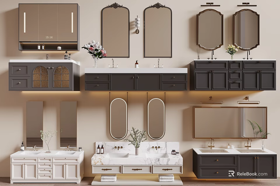 Various Bathroom Vanity Designs With Washbasins Mirrors And Storage Cabinets 3d model