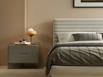 Modern Bedroom Gray Nightstand With Lamp Drawers And Wooden Panel Wall 3d model