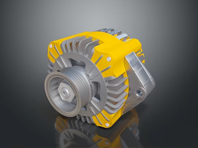 Industrial Alternator In Yellow Silver Design With Metal Cooling Fins And Pulley 3d model