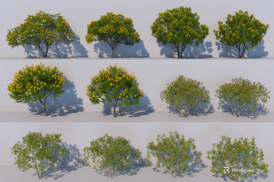 Arbor Trees With Various Green Yellow Leaves And Different Crown Shapes 3d model