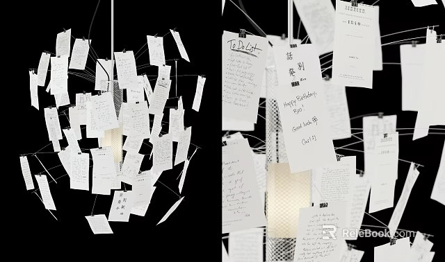 Unique Shaped Pendant Light With Hanging Paper Strips And Handwritten Notes 3d model 