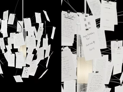 Unique Shaped Pendant Light With Hanging Paper Strips And Handwritten Notes 3d model