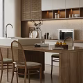 Modern Minimalist Dining Area With Wooden Island Chairs And Cabinets