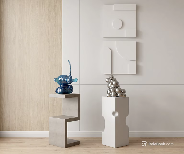 Modern Blue Silver Sculpture Art On Geometric Gray White Bases With Light Wooden Walls 3d model 