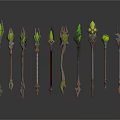 Fantasy Staves Collection With Green Glowing Elements And Decorative Designs