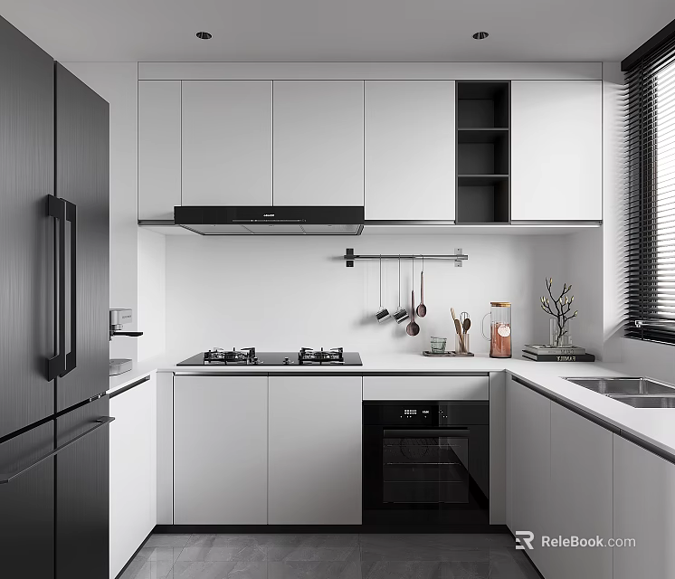 Modern Kitchen Interior With White Cabinets Black Appliances Gas Stove And Utensil Rack 3d model 