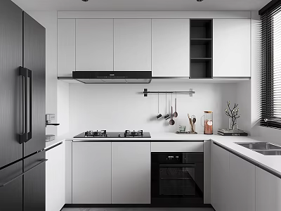 Modern Kitchen Interior With White Cabinets Black Appliances Gas Stove And Utensil Rack 3d model