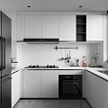 Modern Kitchen Interior With White Cabinets Black Appliances Gas Stove And Utensil Rack