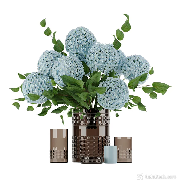 Light Blue Hydrangeas with Green Leaves in Brown Vase and Small Containers 3d model 